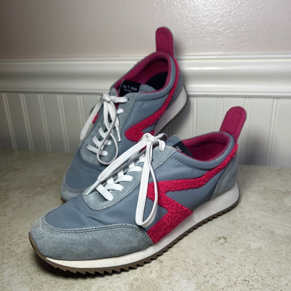 Rag & Bone Retro Runner Sneakers in Slate Grey and Neon Pink Bouclé | Sz 38